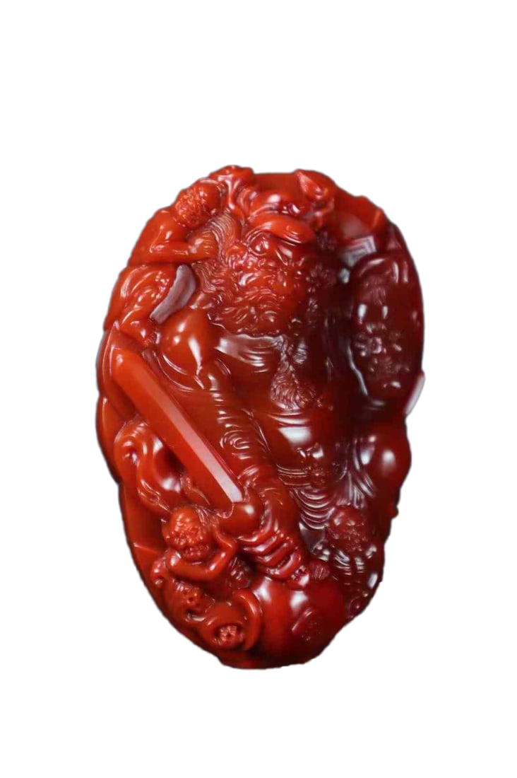 Natural Nanhong Agate Hand-Carved Figure Pendant w Heavenly Ghostcatcher: Natural Nanhong Agate Hand-Carved Figure Pendant w Heavenly Ghostcatcher,Full-color, full-meat persimmon red and rose red bicolor meat material, with a brilliant red hue, exquisite craftsmanship, fine