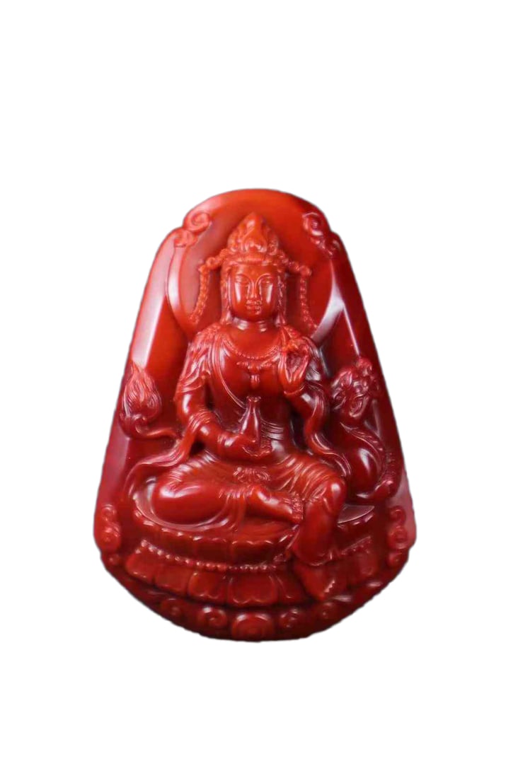 Natural Nanhong Agate Hand-Carved Figure Pendant w Kwan-yin: Natural Nanhong Agate Hand-Carved Figure Pendant w Kwan-yin,Full-color, full-meat persimmon red and rose red bicolor meat material, brilliant red hue, fine and smooth jade texture, rich oiliness, meti