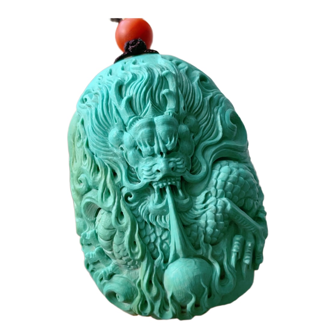 Turquoise Hand-Carved Beast Pendant w Fortune Dragon & Hand Woven Necklace: Turquoise Hand-Carved Beast Pendant w Fortune Dragon & Hand Woven Necklace Dimension: 33 x 19 x 4 (mm) 1.30 x 0.75 x 0.16 (inches)Weight: 0.08 lbs/ 37.6 g