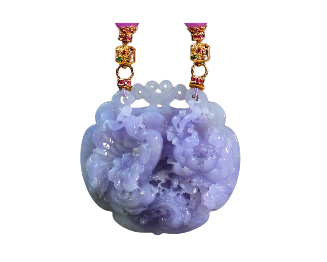 Purple Jadeite Hand-Carved Beast Pendant w Phoenix & Peony & Hand Woven Jadeite Beads Necklace: Purple Jadeite Hand-Carved Beast Pendant w Phoenix & Peony & Hand Woven Jadeite Beads NecklaceDimension: 53 x 10 (mm) 2.09 x 0.39 (inches)Dimension: 5 (mm) 0.20 (inches)