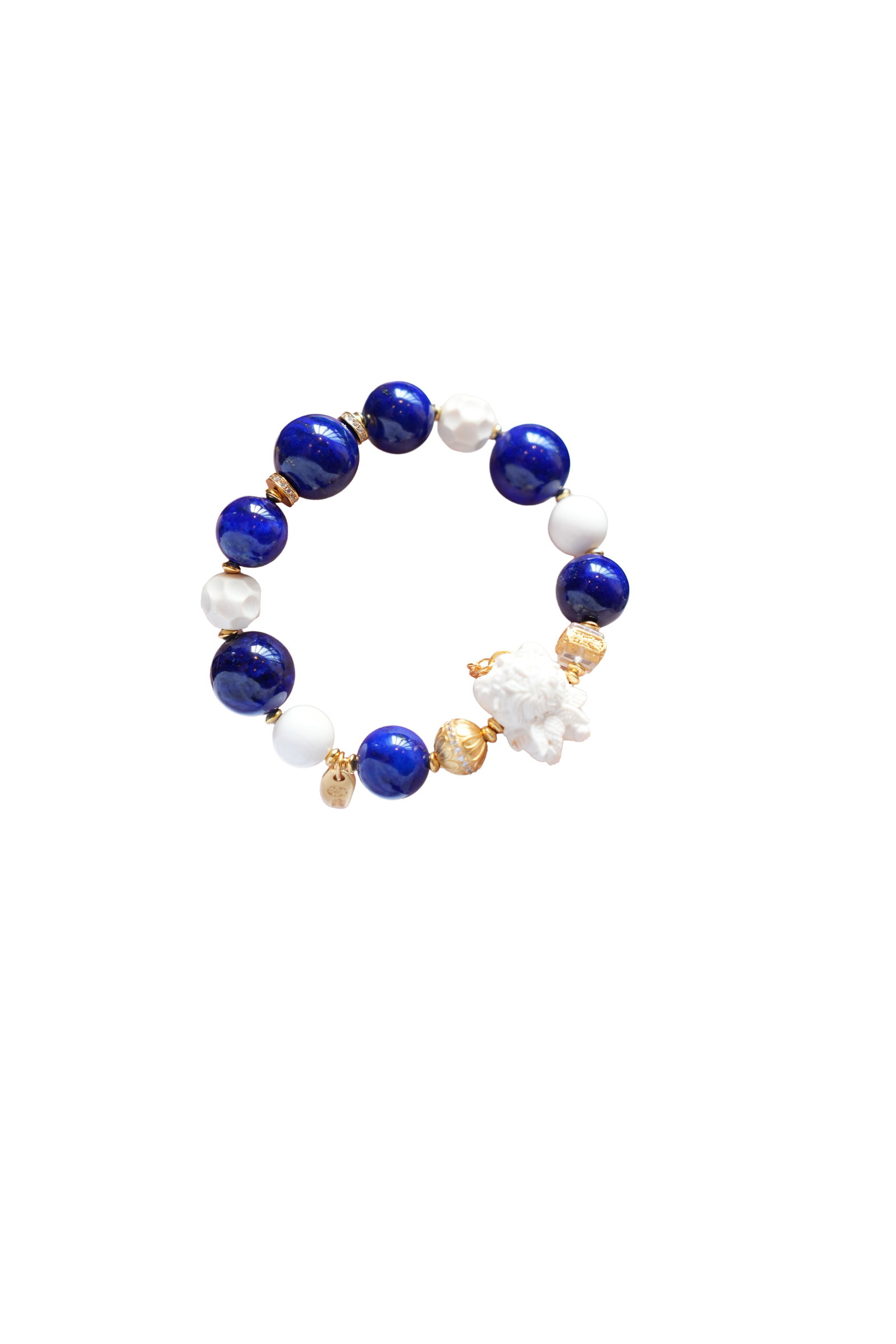 Hand Woven Lapis Lazuli & Bone Hand-Carved Divine Beast & White Crystal Beads Bracelet: Hand Woven Lapis Lazuli & Bone Hand-Carved Divine Beast & White Crystal Beads BraceletDimension: 10-14 (mm) 0.39-0.55 (inches)Dimension: 18 (mm) 0.71 (inches)