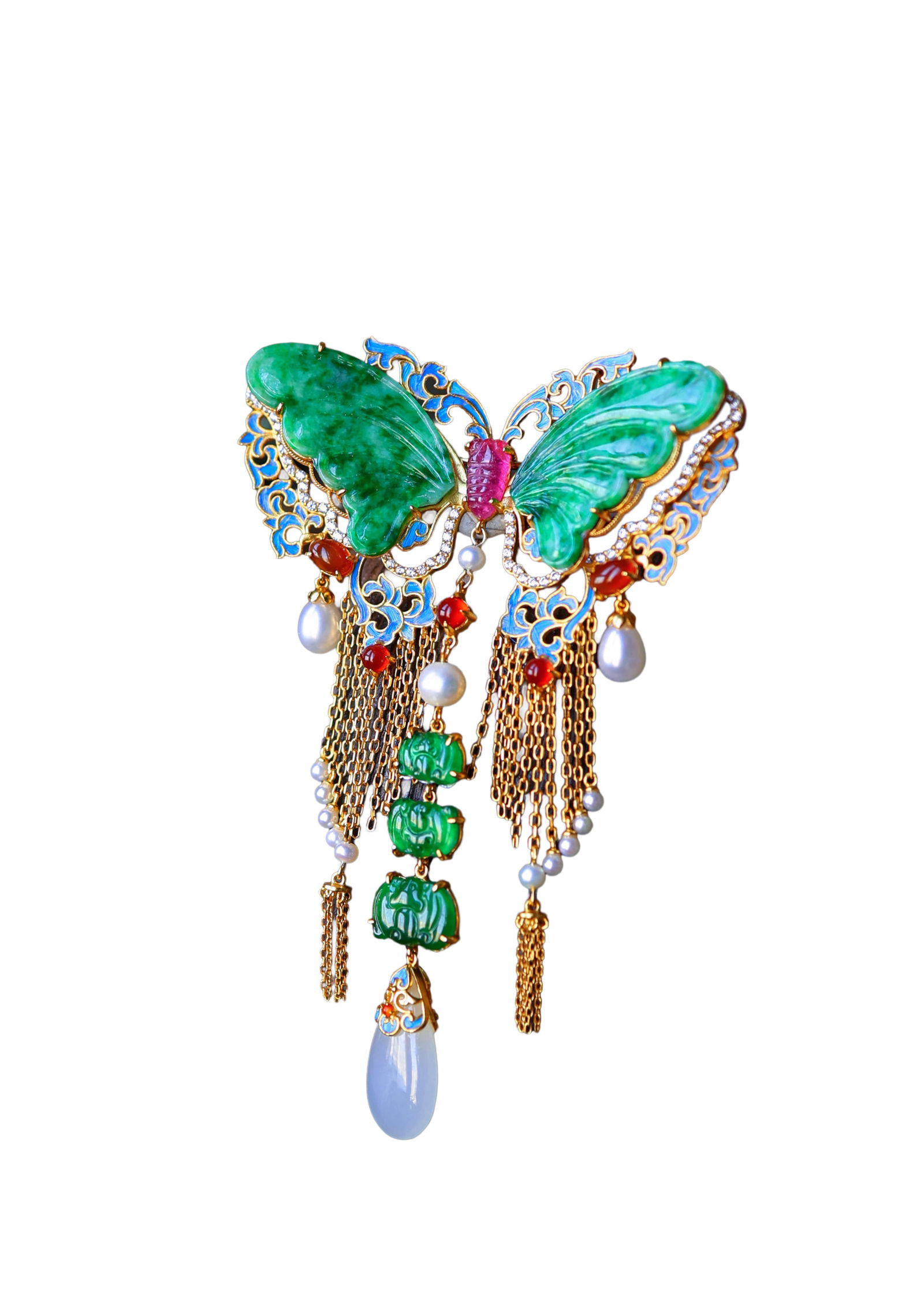 Silver Plated Gilt Gold Enamel Inlay Green Jadeite,Tourmaline,Hetian Jade Butterfly Brooch/Pendant: Silver Plated Gilt Gold Enamel Inlay Green Jadeite,Pearl,Tourmaline,Hetian Jade Butterfly Brooch/PendantDimension: 98 x 64 (mm) 3.86 x 2.52 (inches)