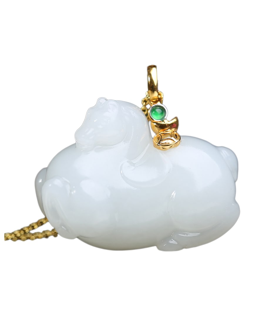 Natural White Hetian Jade Hand-Carved Pendant w Fortune Horse & 18K Gold Buckle: Natural White Hetian Jade Hand-Carved Pendant w Fortune Horse & 18K Gold Buckle,Mutton-fat jade, warm and restrained, as soft and delicate as moonlight. The carving is smooth and vivid, with graceful,