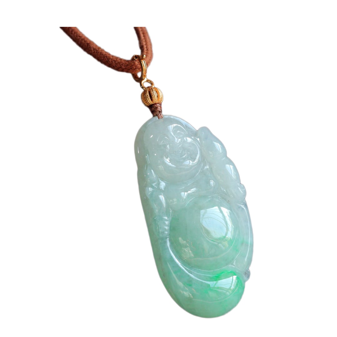 Natural Jadeite Hand-Carved Buddha Pendant w Laughing Buddha & Hand Woven Beads Necklace (1 of 8)