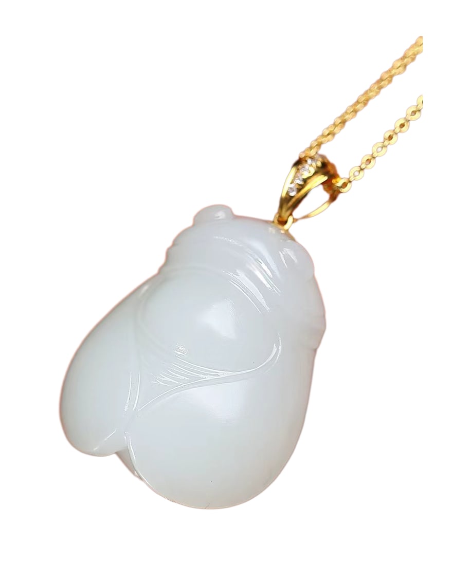 White Hetian Jade Hand-Carved Animal Pendant w Fortune Cicada & 18K Gold Buckle (1 of 6)