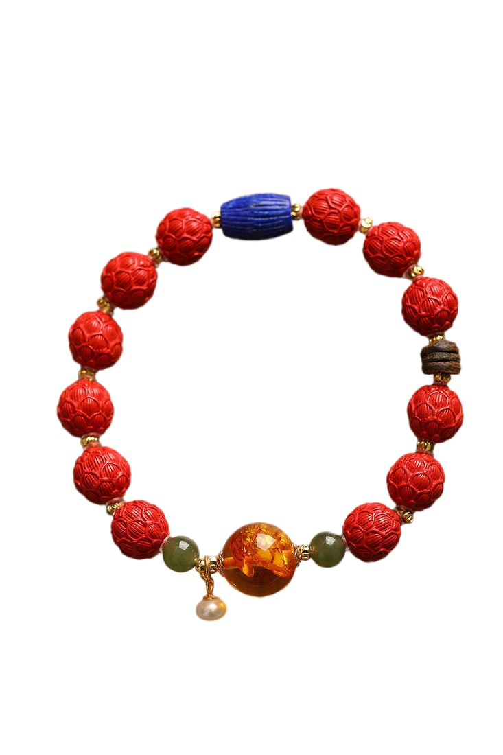 Lapis Lazuli, Flower Amber,Cinnabar Hand-Carved Lotus Flower Beads Bracelet: Lapis Lazuli, Flower Amber,Cinnabar Hand-Carved Lotus Flower Beads BraceletDimension: 10 (mm) 0.39 (inches)
