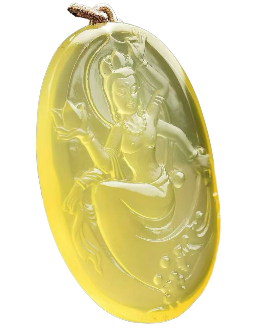 Natural Yellow Crystal Hand-Carved Figure Pendant w Kwan-yin & Hand Woven Necklace: Natural Yellow Crystal Hand-Carved Figure Pendant w Kwan-yin & Hand Woven Necklace Dimension: 67 x 44 x 12 (mm) 2.64 x 1.73 x 0.47 (inches) Weight: 0.14 lbs/ 65 g