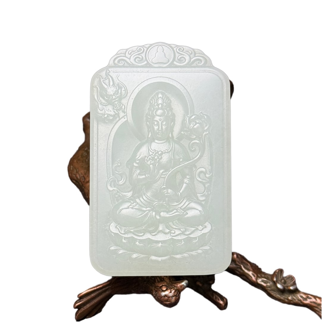 Natural Hetian Jade Low Relief Pendant w Lotus Flower Kwan-yin: Natural Hetian Jade Low Relief Pendant w Lotus Flower Kwan-yinDimension: 62 x 38 x 12 (mm) 2.44 x 1.50 x 0.47 (inches) Weight: 0.14 lbs/ 66 g