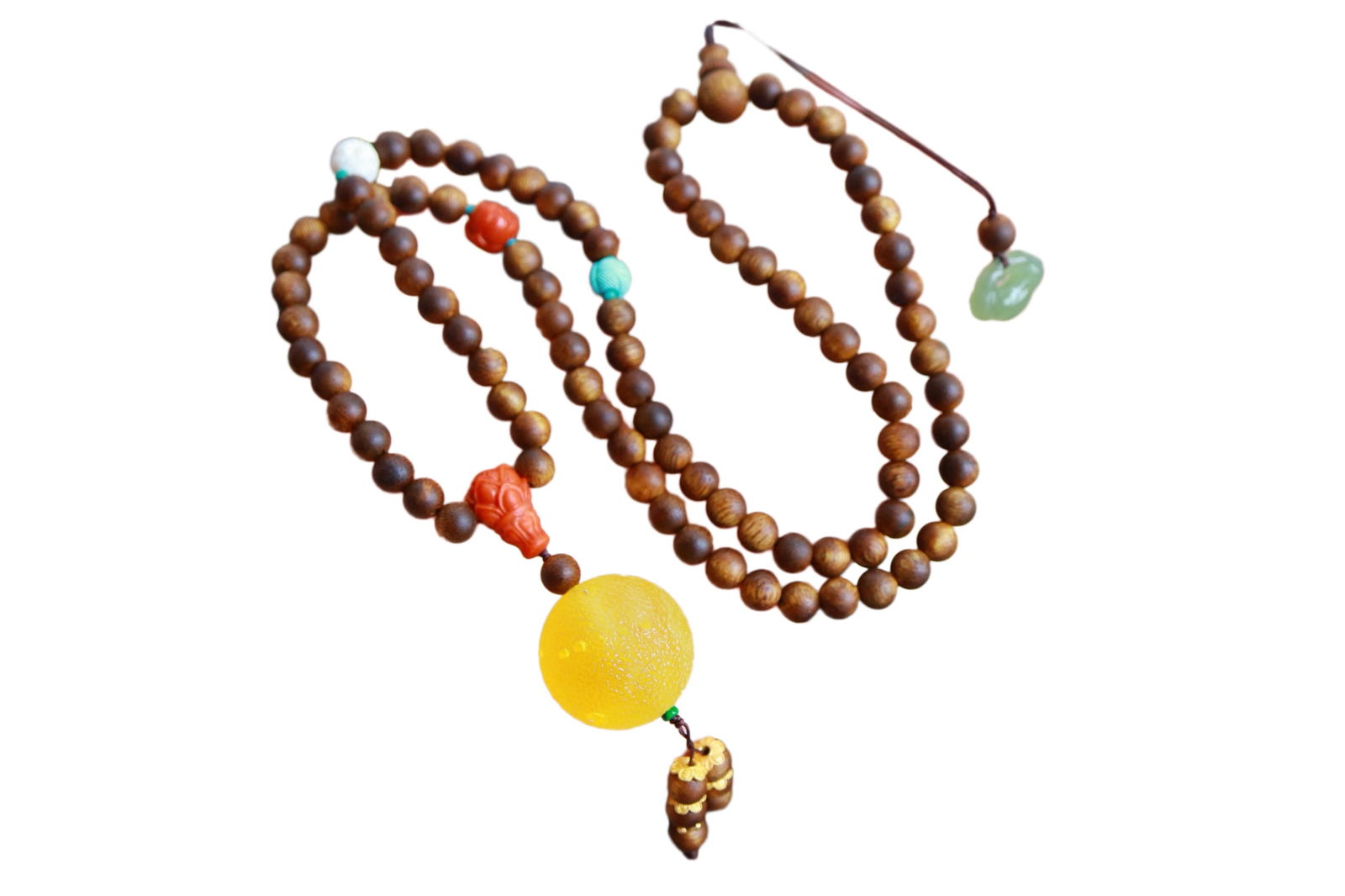 Beeswax Bead Pendant w Hand Woven Chenxiang Wood,Turquoise,Nanhong Agate Beads Necklace (1 of 10)
