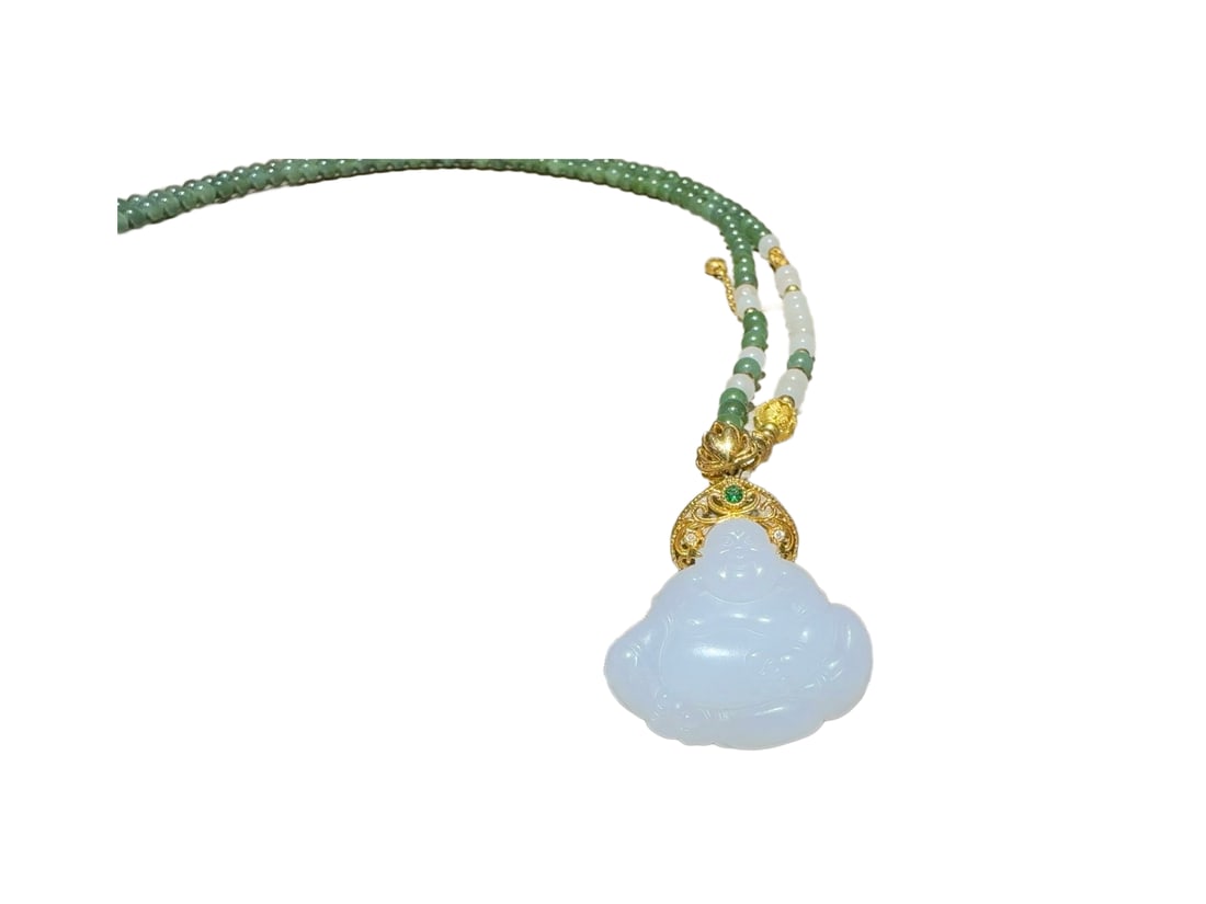 18K Gold Inlay White Hetian Jade Hand-Carved Figure Pendant w Laughing Buddha: 18K Gold Inlay White Hetian Jade Hand-Carved Figure Pendant w Laughing Buddha & Hand Woven Beads NecklaceDimension: 34 x 28 x 12.6 (mm) 1.34 x 1.10 x 0.50 (inches) Weight: 0.03 lbs/ 12.56 g