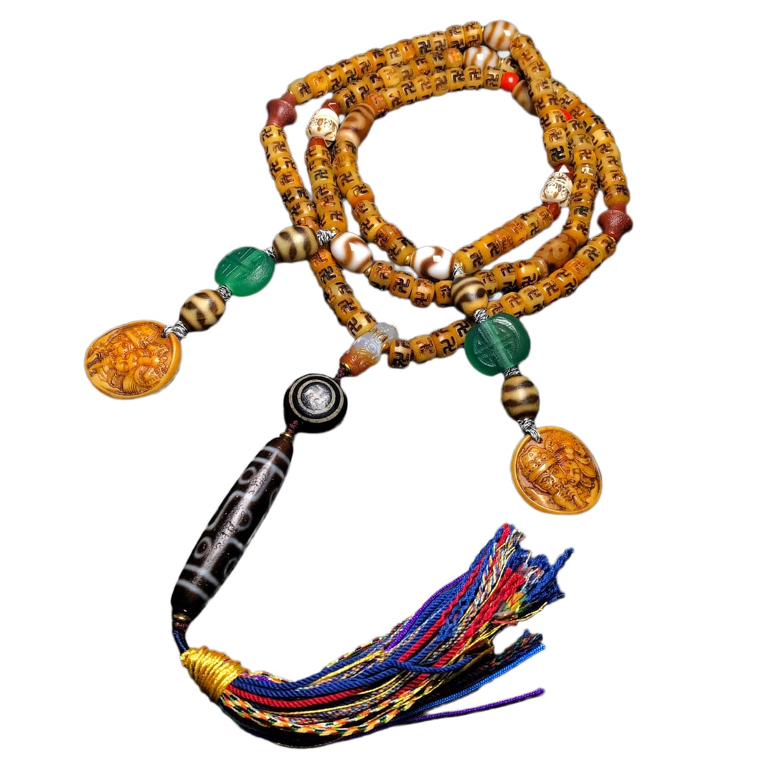 Tibetan Nine Eye DZI Agate Lucky Pendant w Hand Woven Bone & Agate Beads Necklace (1 of 10)