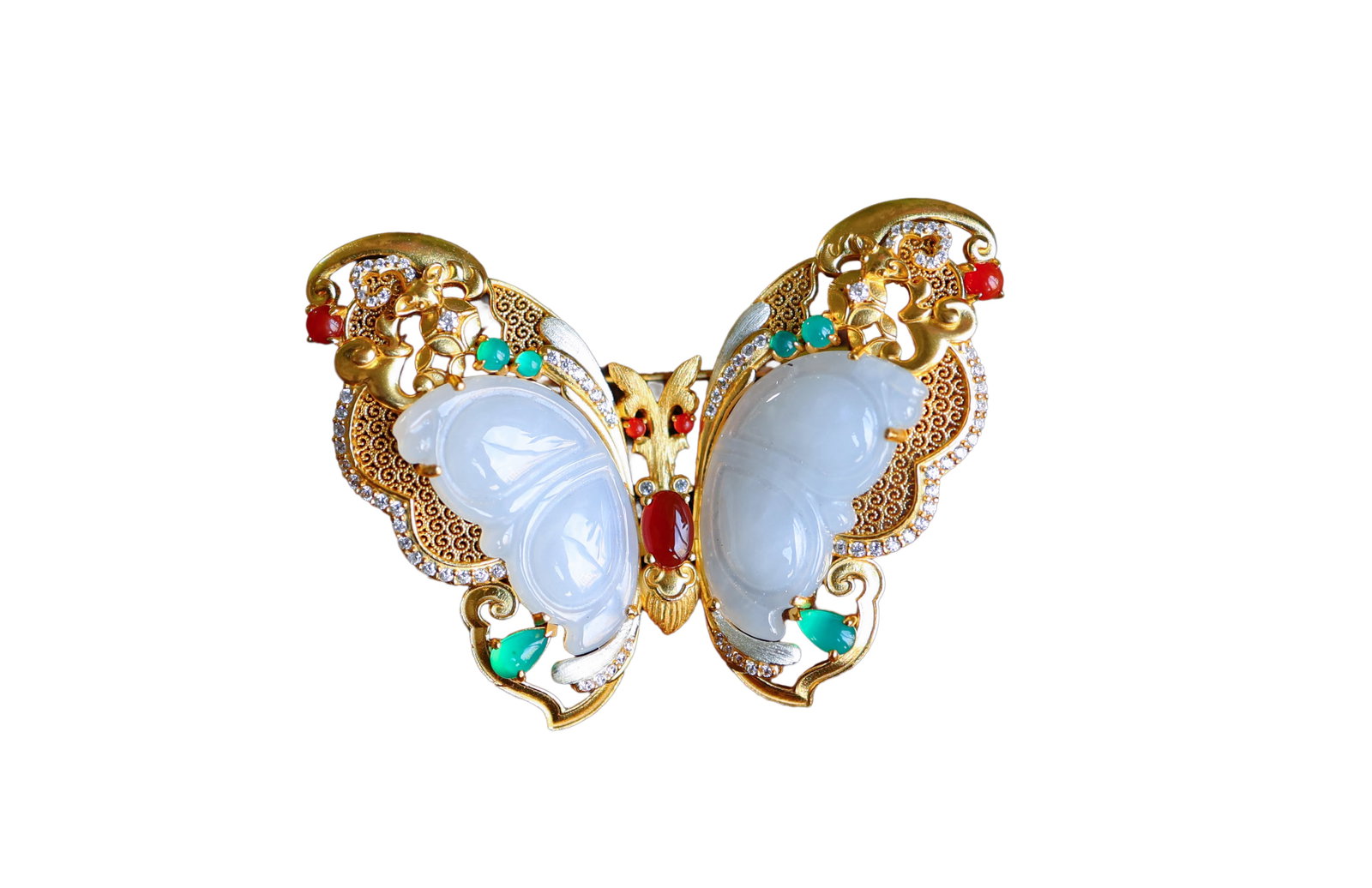 Silver Plated Gilt Gold Inlay White Hetian Jade Hand-Carved Animal Pendant w Butterfly: Silver Plated Gilt Gold Inlay White Hetian Jade Hand-Carved Animal Pendant w Butterfly.With filigree as its wings and white jade as its form, each golden thread curves like the delicate flutter of but