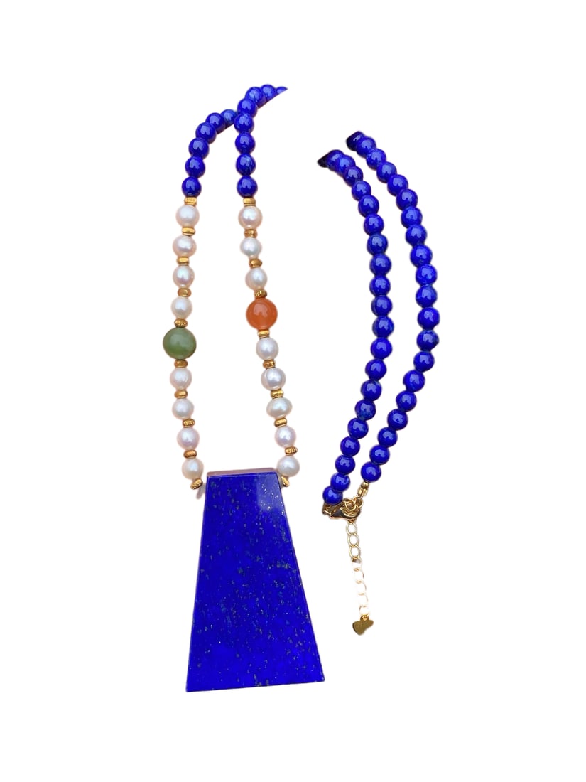 Hand Woven 925 Silver, Lapis Lazuli,Pearl,Green Hetian Jade,Agate Beads Necklace: Hand Woven 925 Silver, Lapis Lazuli,Pearl,Green Hetian Jade,Agate Beads Necklace Dimension: 47 x 31 x 8.6 (mm) 1.85 x 1.22 x 0.34 (inches) Weight: 0.10 lbs/ 45.2 g
