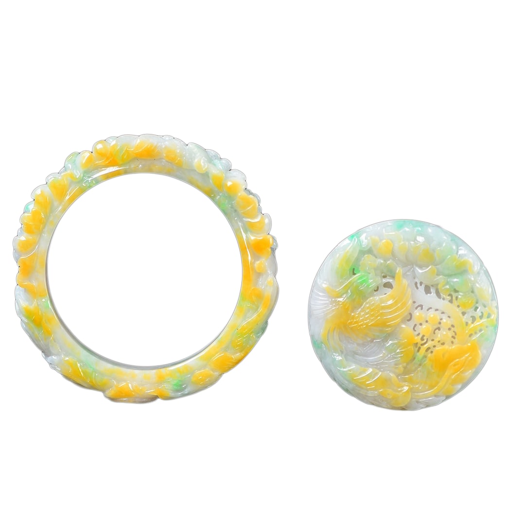 Inside Diameter 56.5mm Jadeite Hand-Carved Bracelet w Pendant & Phoenix & Peony: Inside Diameter 56.5mm Jadeite Hand-Carved Bracelet w Pendant & Phoenix & PeonyInside Diameter: 56.5 (mm) 2.22 (inches)Dimension: 8 x 9.6 (mm) 0.31 x 0.38 (inches) Pendant Dimension: 54.5 x 10.5 (mm)