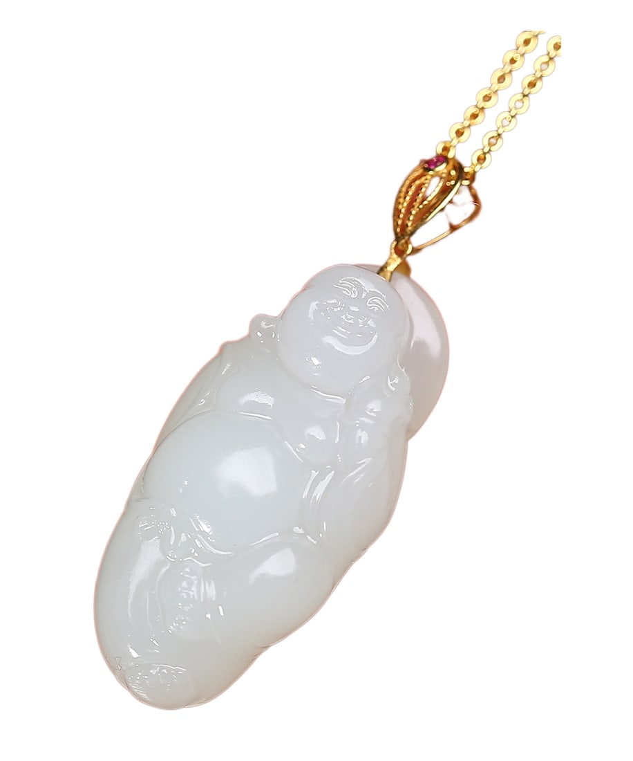 Natural White Hetian Jade Hand-Carved Pendant w Laughing Buddha & 18K Gold Buckle: Natural White Hetian Jade Hand-Carved Pendant w Laughing Buddha & 18K Gold BuckleDimension: 32.7 x 13 x 9 (mm) 1.29 x 0.51 x 0.35 (inches)