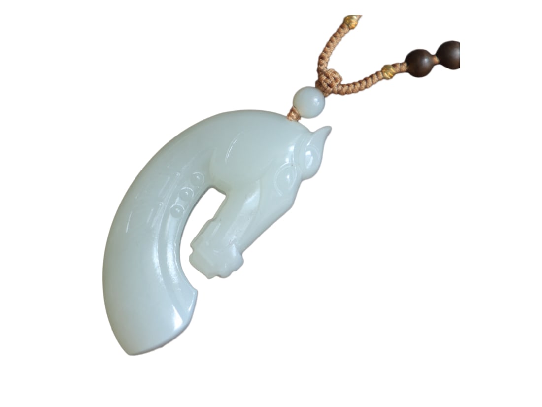 Hetian Jade Hand-Carved Pendant w Fortune Horse & w Hand Woven Chenxiang Wood Beads Necklace: Natural Hetian Jade Hand-Carved Pendant w Fortune Horse & w Hand Woven Chenxiang Wood Beads Necklace Dimension: 46 x 21.2 x 10.7 (mm) 1.81 x 0.83 x 0.42 (inches)