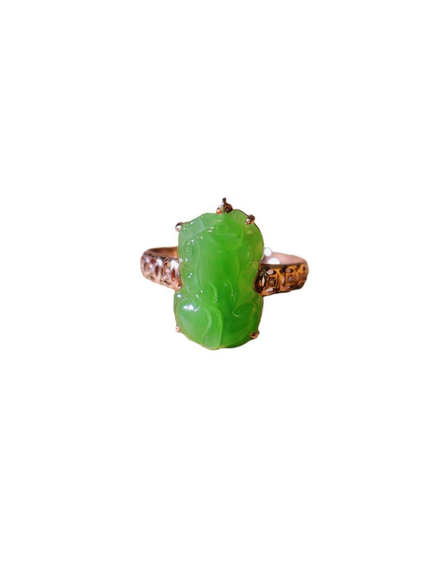 18K Gold Inlay Green Hetian Jade Hand-Carved Ring w Fortune Pixiu (1 of 10)