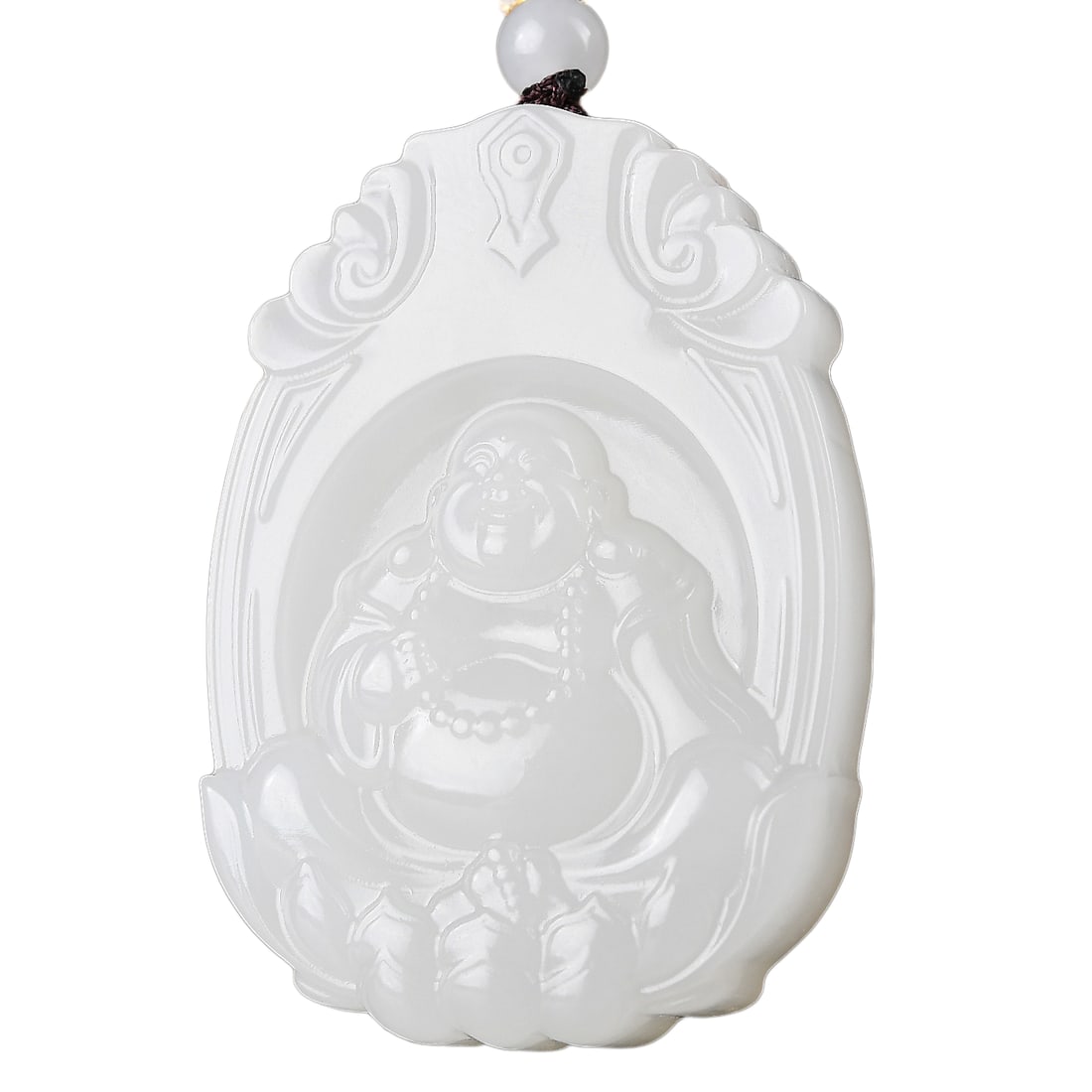 Natural White Hetian Jade Hand-Carved Pendant w Laughing Buddha (1 of 6)