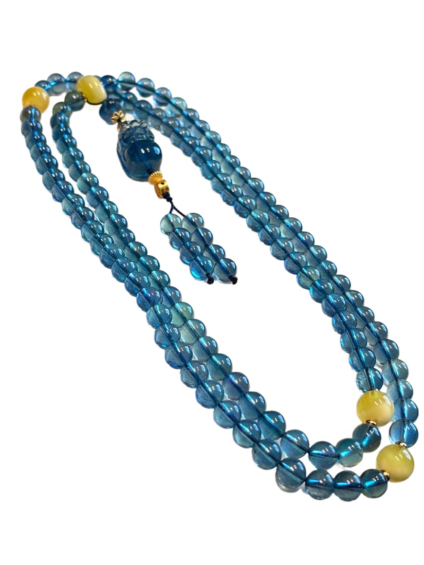 Hand Woven 108 Beads Aquamarine & Beeswax Beads Necklace: Hand Woven 108 Beads Aquamarine & Beeswax Beads Necklace Dimension: 7.4 (mm) 0.29 (inches) Weight: 0.16 lbs/ 70.8 g