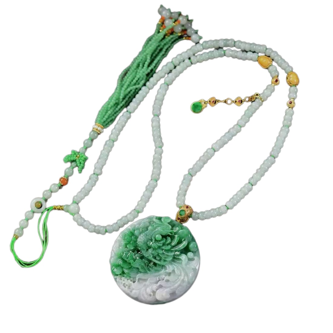 Jadeite Hand-Carved Pendant w Phoenix & Peony & w Hand Woven Beeswax & Jadeite Beads Necklace: Jadeite Hand-Carved Pendant w Phoenix & Peony & w Hand Woven Beeswax & Jadeite Beads Necklace.Peony and Phoenix Blossom Pendant, with lush emerald green double-sided carving, of exquisite texture and