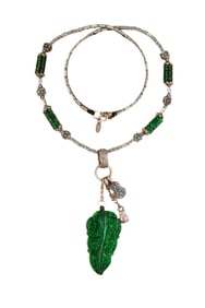 Natural Green Jadeite Hand-Carved Pendant w Leaf & 925 Silver Accessories  Beads Necklace