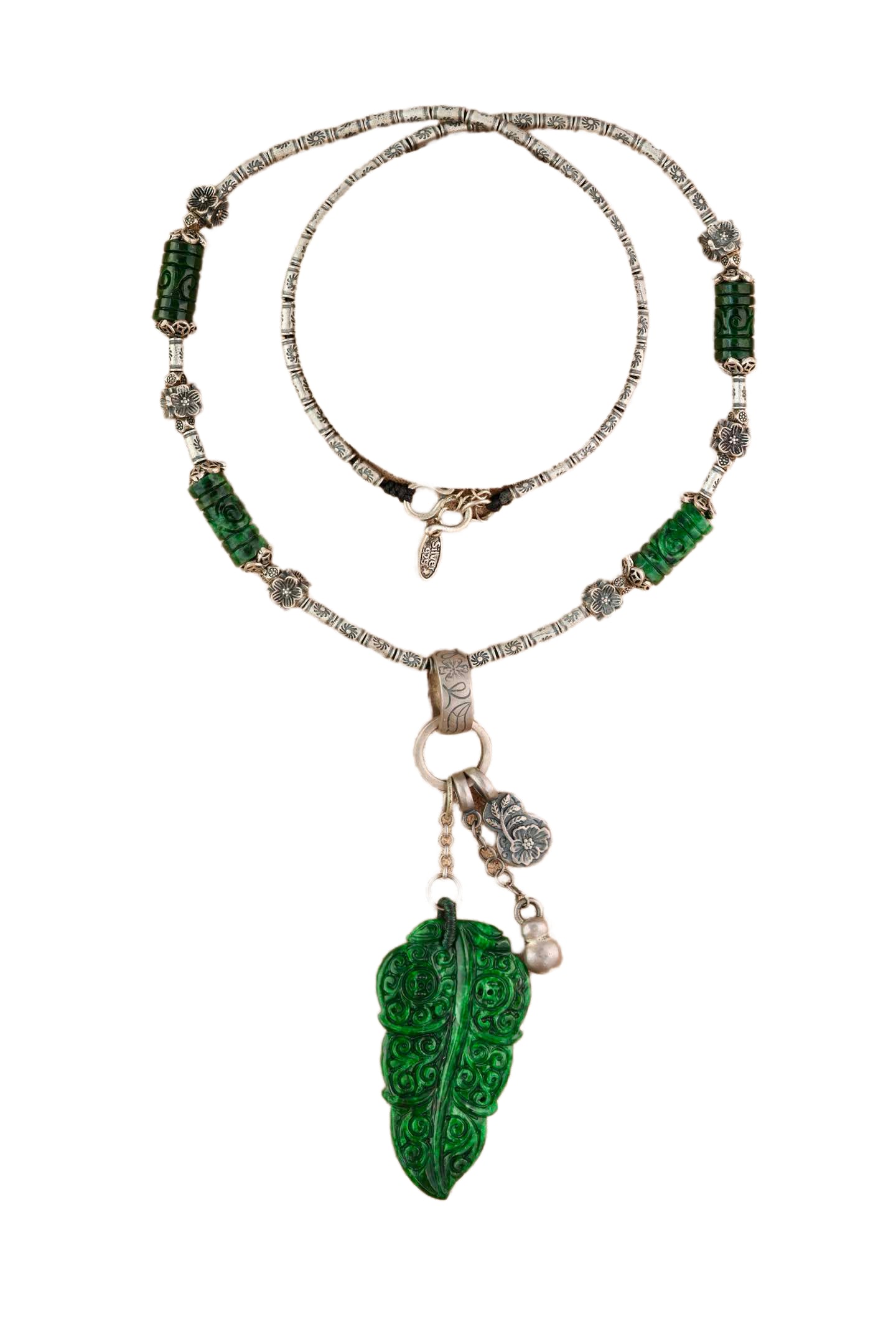 Natural Green Jadeite Hand-Carved Pendant w Leaf & 925 Silver Accessories Beads Necklace: Natural Green Jadeite Hand-Carved Pendant w Leaf & 925 Silver Accessories Beads Necklace.Natural jadeite with vintage carving, exquisitely crafted with superb artistry. It features a rich green hue, a