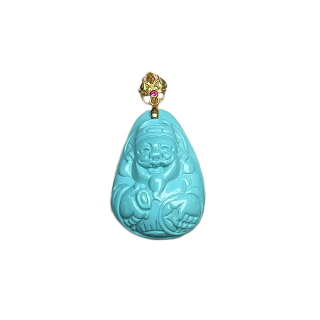 Turquoise Hand-Carved Pendant w Fortune Taoism Deity & 18K Gold Buckle: Turquoise Hand-Carved Pendant w Fortune Taoism Deity & 18K Gold BuckleDimension: 24 x 12.5 x 7.2 (mm) 0.94 x 0.49 x 0.28 (inches)