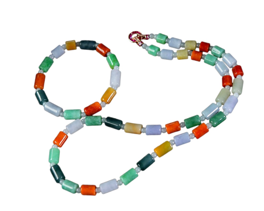 Hand Woven Jadeite Beads Bracelet w Necklace: Hand Woven Jadeite Beads Bracelet w NecklaceDimension: 7 x 13 (mm) 0.27 x 0.51 (inches)