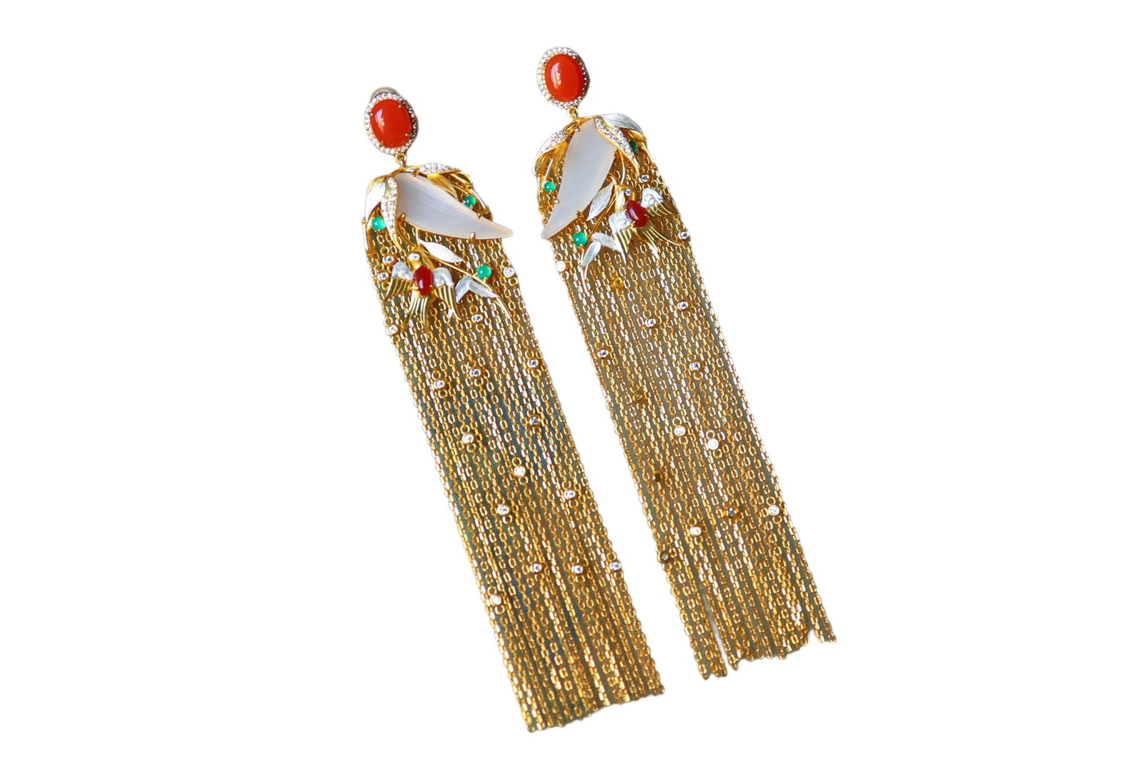 A Pair Silver Plated Gilt Gold Inlay White Hetian Jade & Nanhong Agate Hand-Carved Earrings w Leaf (1 of 7)