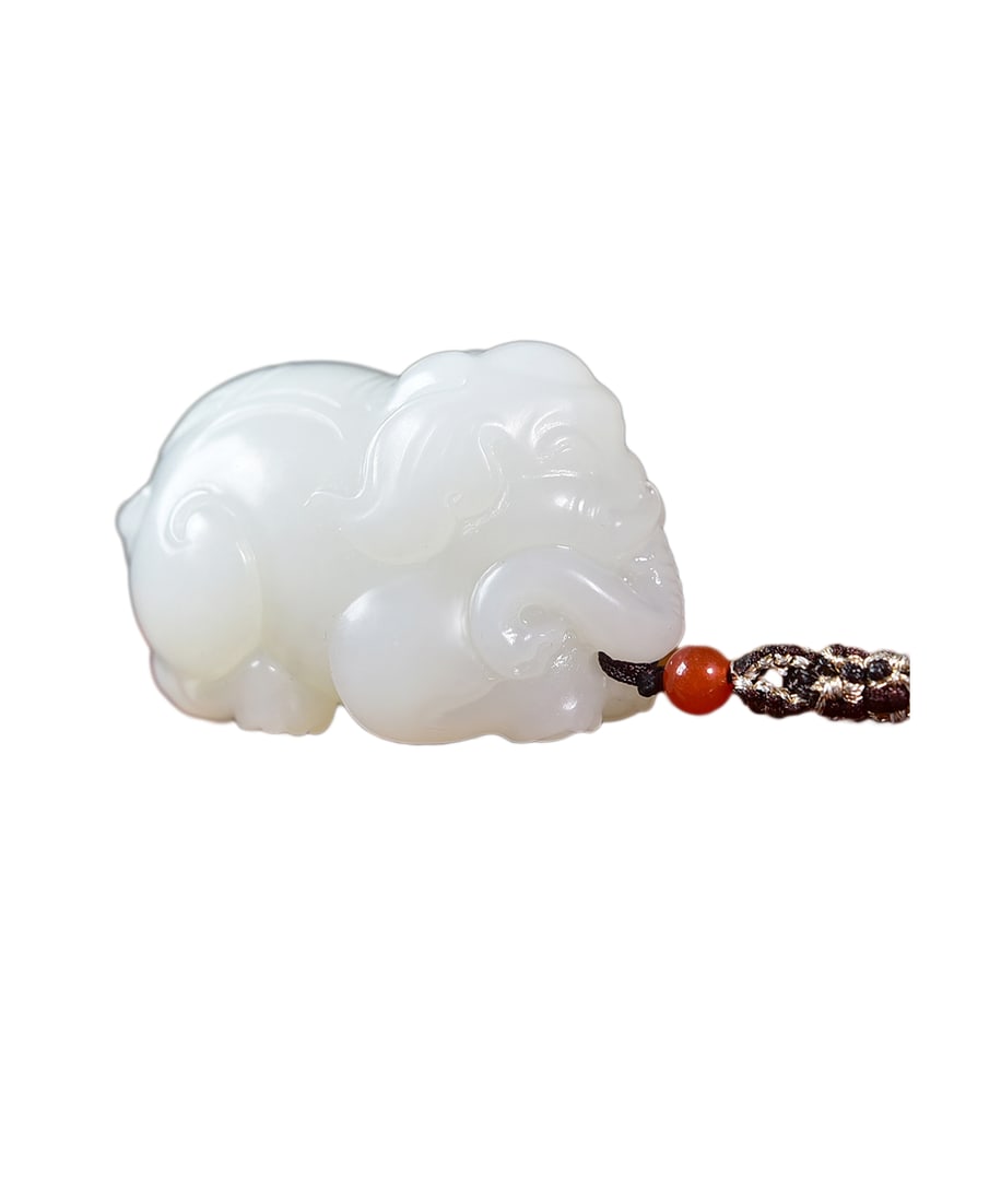 Natural White Hetian Jade Hand-Carved Pendant w Elephant & w Hand Woven Necklace: Natural White Hetian Jade Hand-Carved Pendant w Elephant & w Hand Woven Necklace Dimension: 36.8 x 25 x 22.7 (mm) 1.45 x 0.98 x 0.89 (inches)