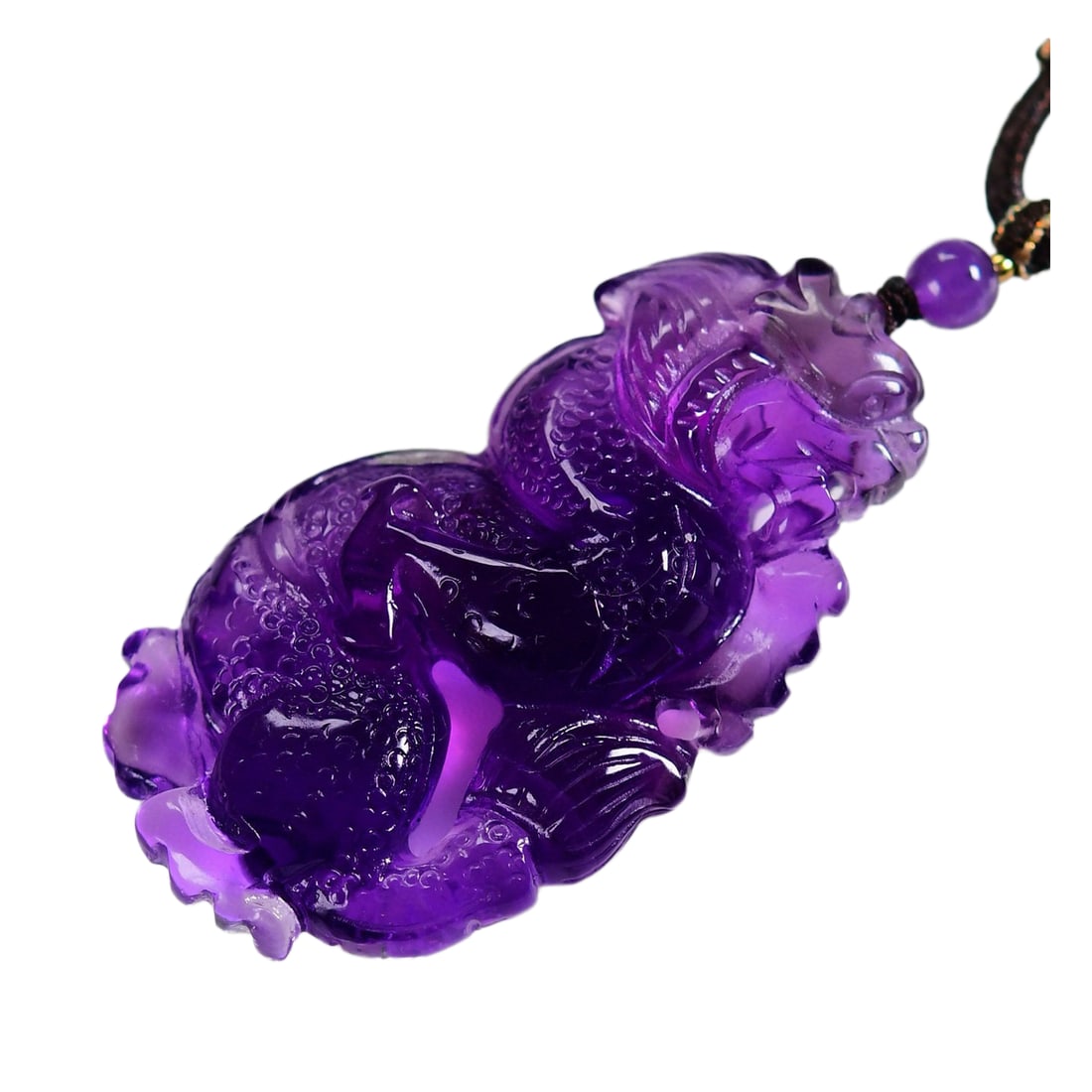 Amethyst Hand-Carved Pendant w Fortune Dragon & w Hand Woven Necklace: Amethyst Hand-Carved Pendant w Fortune Dragon & w Hand Woven Necklace Dimension: 55.2 x 29.8 x 13 (mm) 2.17 x 1.17 x 0.51 (inches)