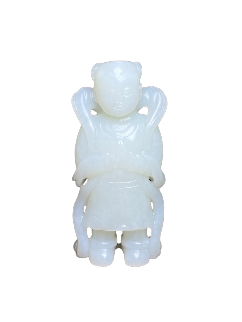 Natural White Hetian Jade Hand-Carved Pendant/Statue w Kid: Natural White Hetian Jade Hand-Carved Pendant/Statue w Kid Dimension: 91 x 42 x 19 (mm) 3.58 x 1.65 x 0.75 (inches) Weight: 0.23 lbs/ 107 g