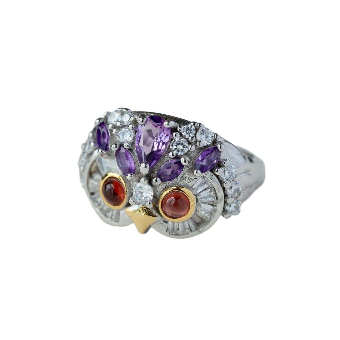 925 Silver Inlay Amethyst Ring w Owl: 925 Silver Inlay Amethyst Ring w Owl