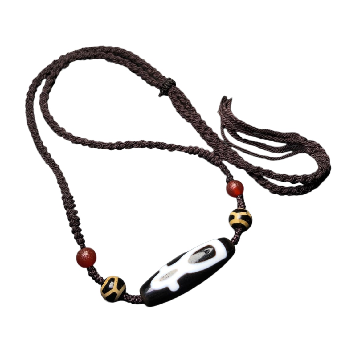 Tibetan DZI Agate Lucky Pendant w Hand Woven Beads Necklace: Tibetan DZI Agate Lucky Pendant w Hand Woven Beads NecklaceDimension: 44 x 14 x 12 (mm) 1.73 x 0.55 x 0.47 (inches)Weight: 0.04 lbs/ 18.1 g