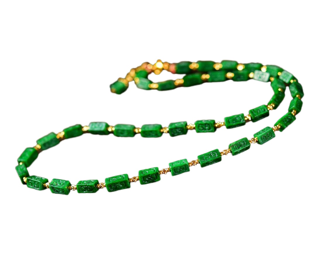 Natural Green Jadeite Beads Necklace w 18K Gold Buckle (1 of 7)