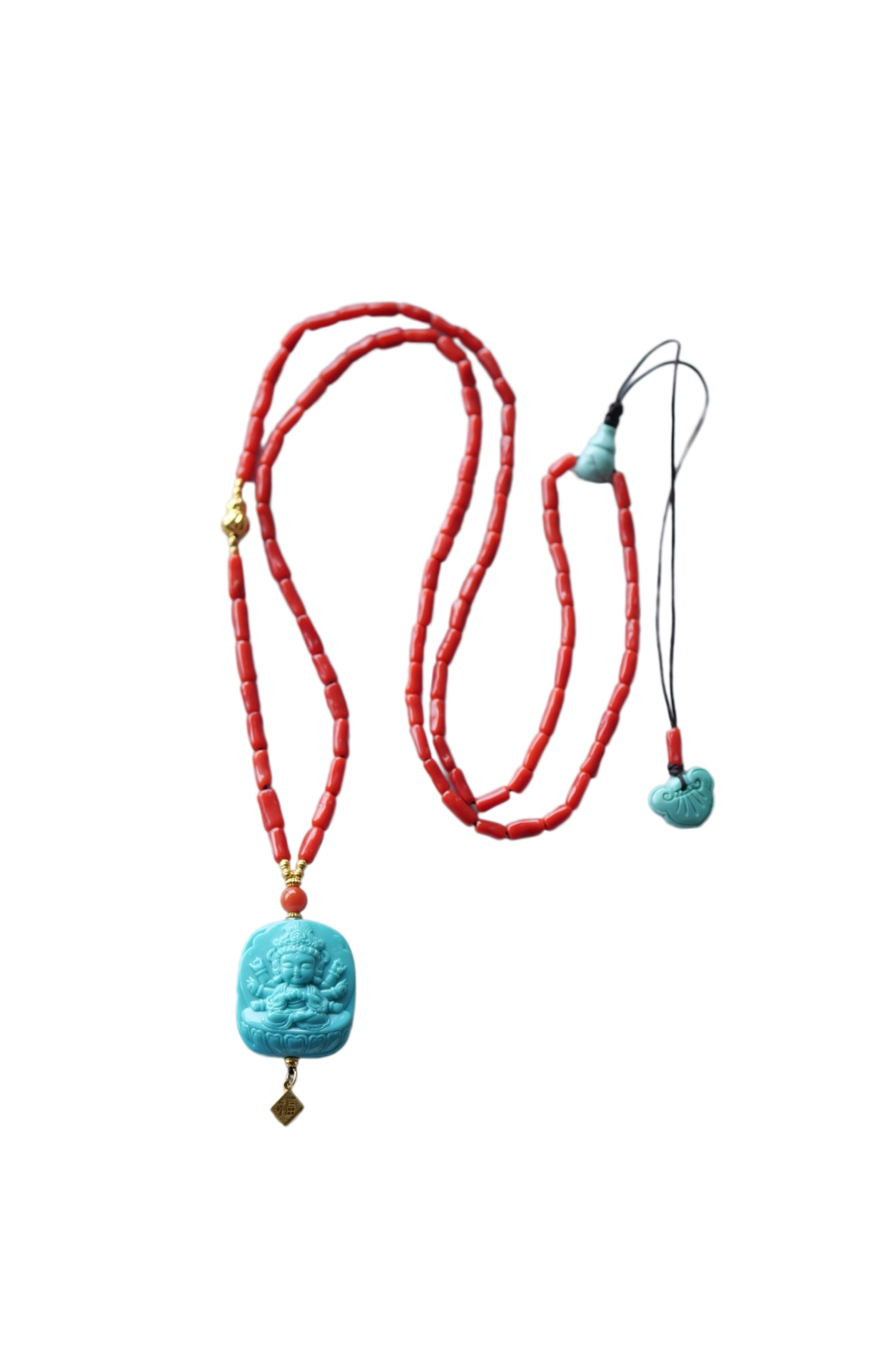 Turquoise Hand-Carved Pendant w Thousand-Hand Kwan-yin & w Hand Woven Coral Beads Necklace (1 of 7)
