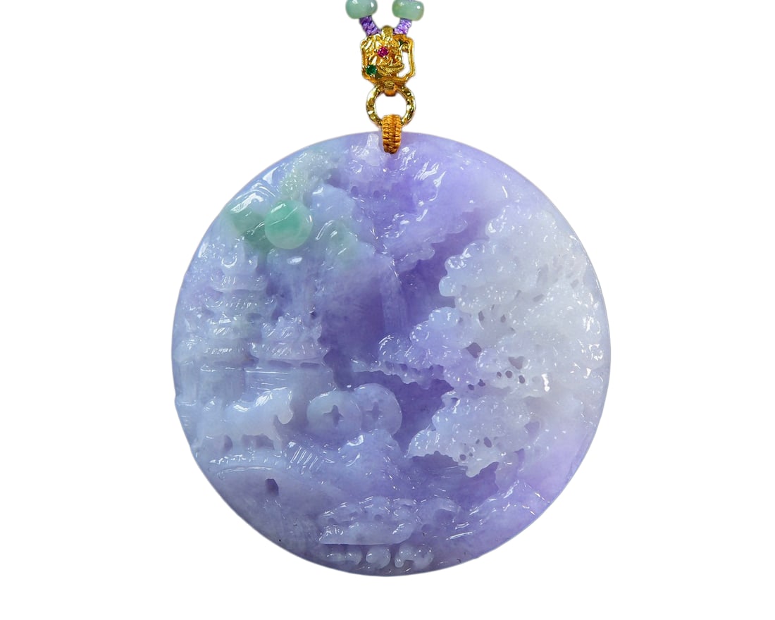 Purple Jadeite Hand-Carved Pendant w Mountain River Scene & w Hand Woven Jadeite Beads Necklace: Purple Jadeite Hand-Carved Pendant w Mountain River Scene & w Hand Woven Jadeite Beads Necklace Dimension: 54 x 12 (mm) 2.12 x 0.47 (inches)