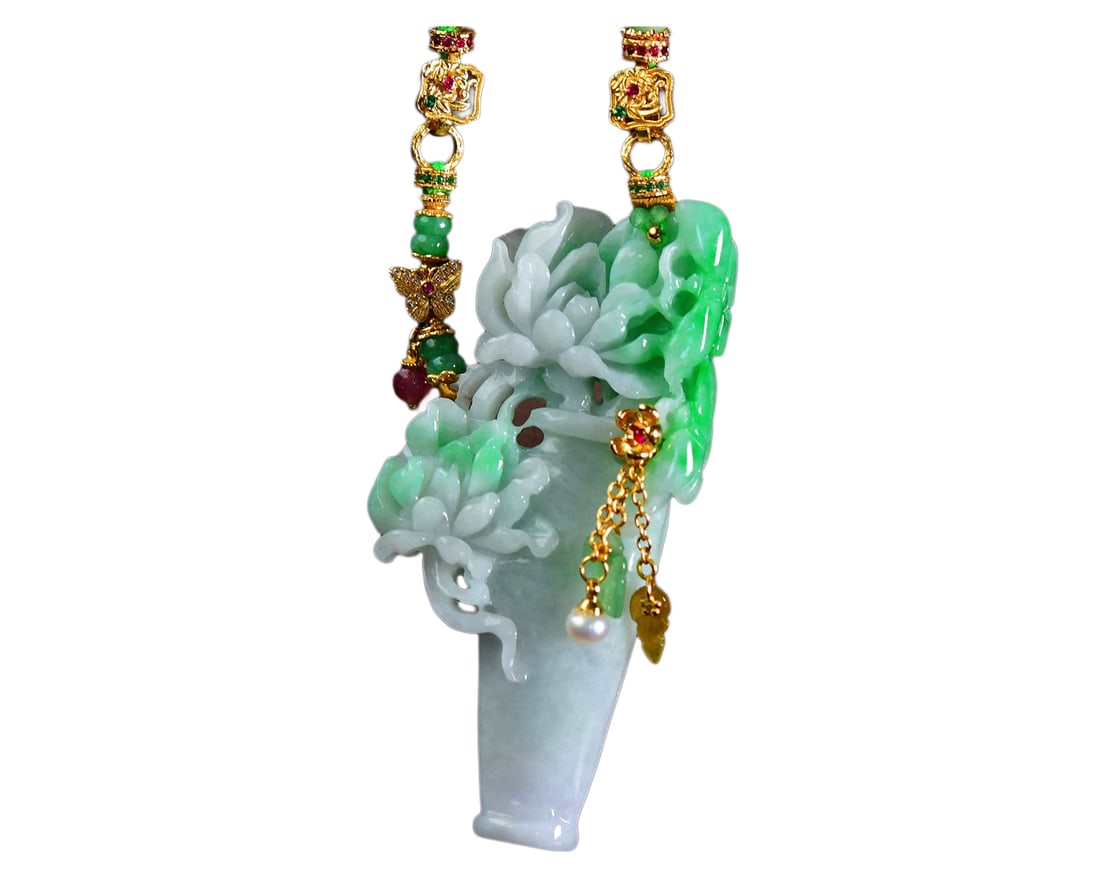 Jadeite Hand-Carved Pendant w Flowers & w Hand Woven Jadeite,Tourmaline,Pearl Beads Necklace: Jadeite Hand-Carved Pendant w Flowers & w Hand Woven Jadeite,Tourmaline,Pearl Beads Necklace Dimension: 66 x 33 x 12 (mm) 2.60 x 1.30 x 0.47 (inches)