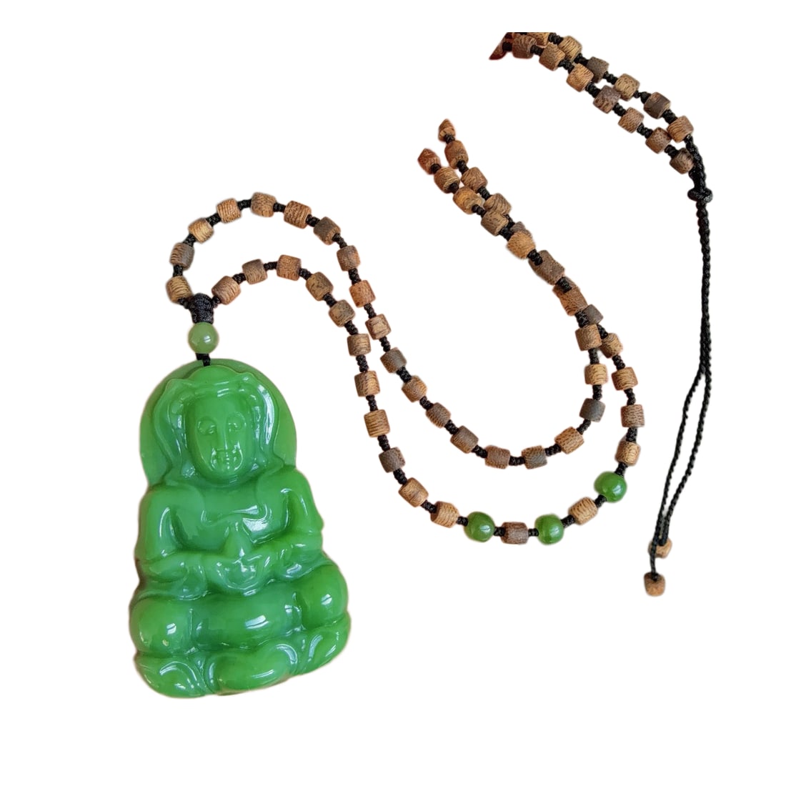 Green Hetian Jade Hand-Carved Pendant w Kwan-yin & w Hand Woven Chenxiang Wood Beads Necklace (1 of 10)