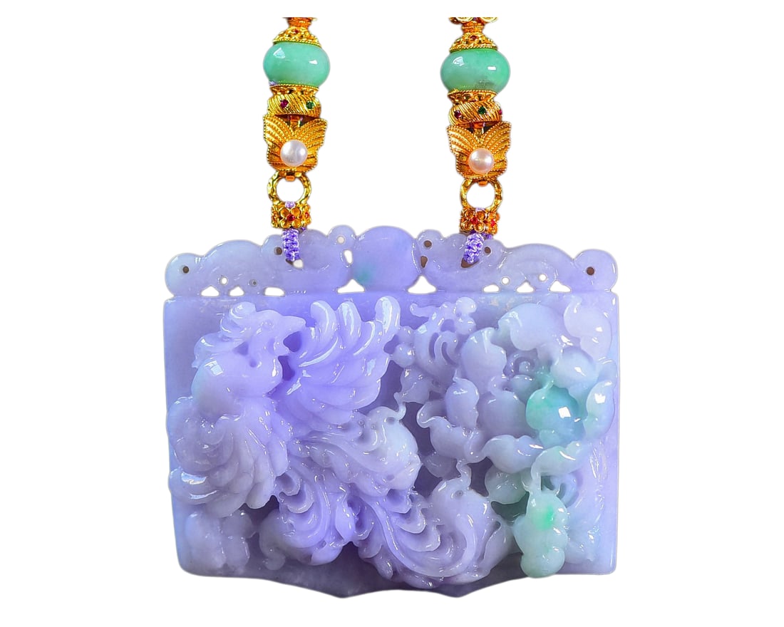 Natural Purple Jadeite Hand-Carved Pendant w Phoenix & Peony & w Hand Woven Jadeite Beads Necklace: Natural Purple Jadeite Hand-Carved Pendant w Phoenix & Peony & w Hand Woven Jadeite Beads Necklace Dimension: 62.7 x 50 x 12 (mm) 2.47 x 1.97 x 0.47 (inches)