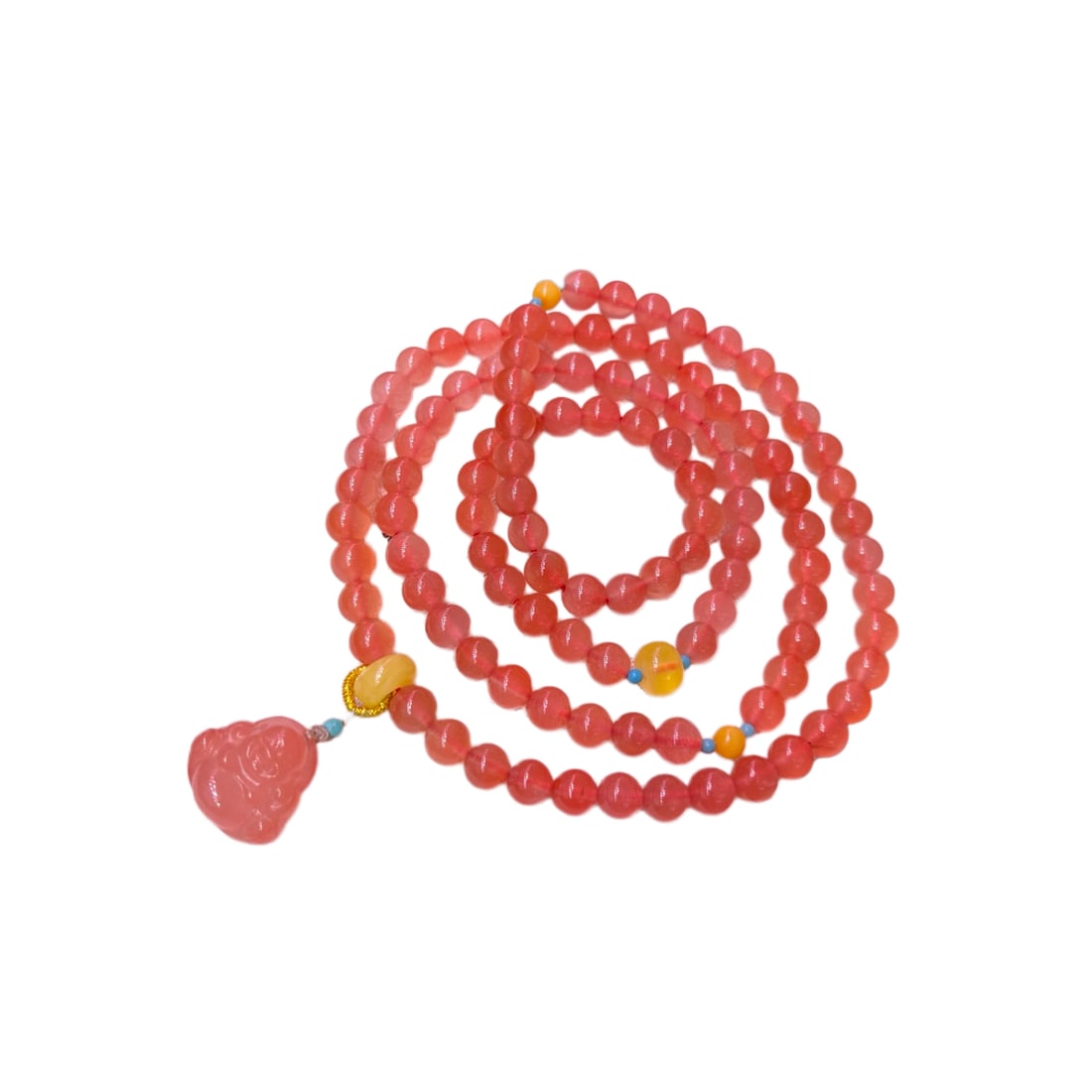 Hand Woven Nanhong Agate Hand-Carved Laughing Buddha Pendant w Beads Necklace: Hand Woven Nanhong Agate Hand-Carved Laughing Buddha Pendant w Nanhong Agate,Turquoise,Beeswax Beads NecklaceDimension: 6.5 (mm) 0.25 (inches)Weight: 0.11 lbs/ 48.4 g