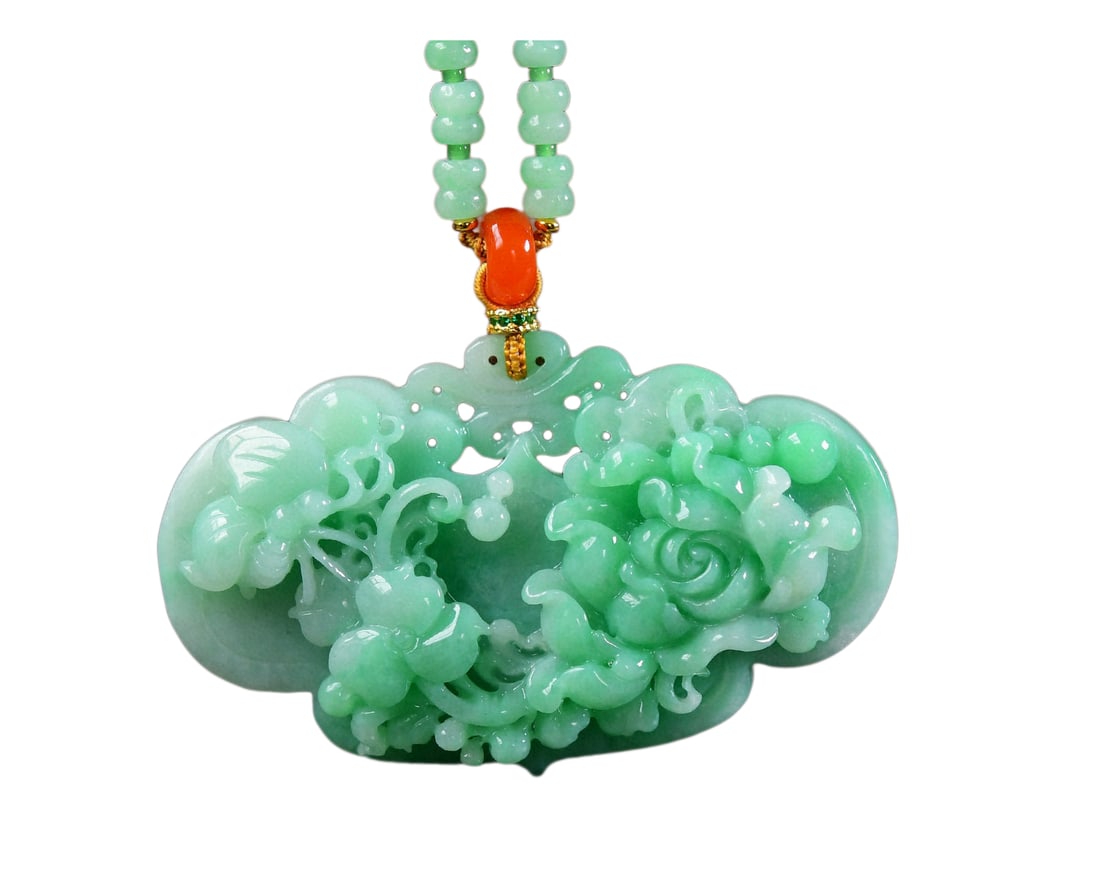 Jadeite Hand-Carved Pendant w Butterfly,Peony & w Hand Woven Jadeite,Beeswax Beads Necklace: Jadeite Hand-Carved Pendant w Butterfly,Peony & w Hand Woven Jadeite,Beeswax ,Nanhong Agate Beads Necklace Dimension: 66 x 48 x 12 (mm) 2.60 x 1.89 x 0.47 (inches) Weight: 0.16 lbs/ 73 g
