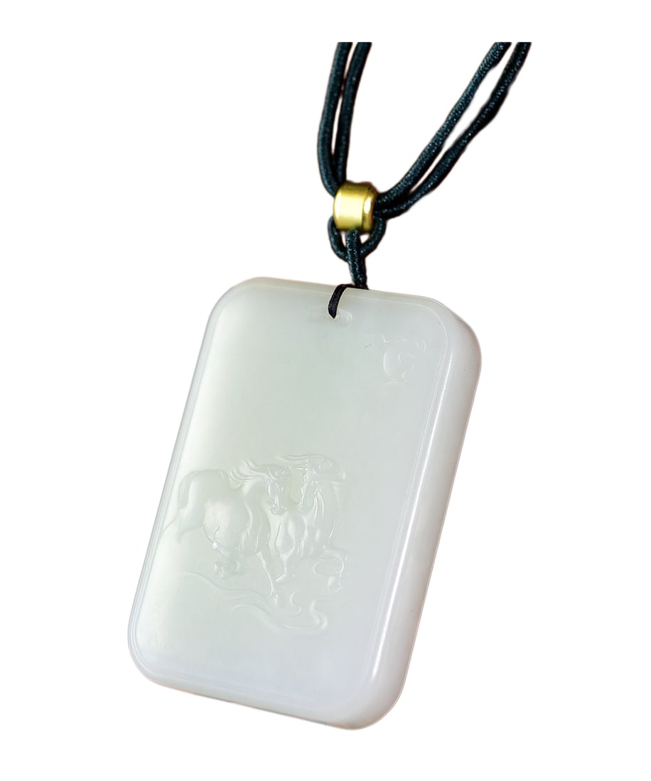 Natural White Hetian Jade Hand-Carved Pendant w Fortune Horse & Hand Woven Necklace: Natural White Hetian Jade Hand-Carved Pendant w Fortune Horse & Hand Woven Necklace Dimension: 51 x 35 x 10.5 (mm) 2.01 x 1.38 x 0.41 (inches) Weight: 0.11 lbs/ 50.92 g