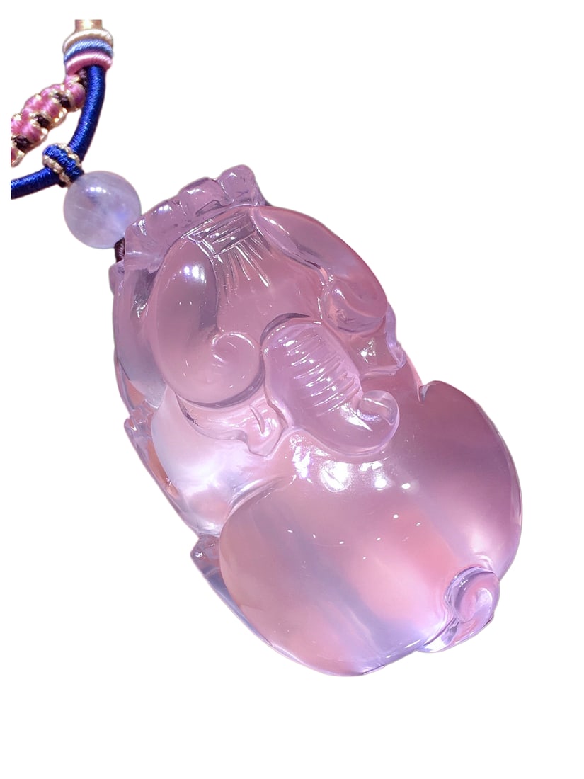 Pink Crystal Hand-Carved Pendant w Fortune Pixiu & w Hand Woven Necklace: Pink Crystal Hand-Carved Pendant w Fortune Pixiu & w Hand Woven Necklace Dimension: 52 x 32 x 22 (mm) 2.05 x 1.26 x 0.87 (inches) Weight: 0.12 lbs/ 57 g