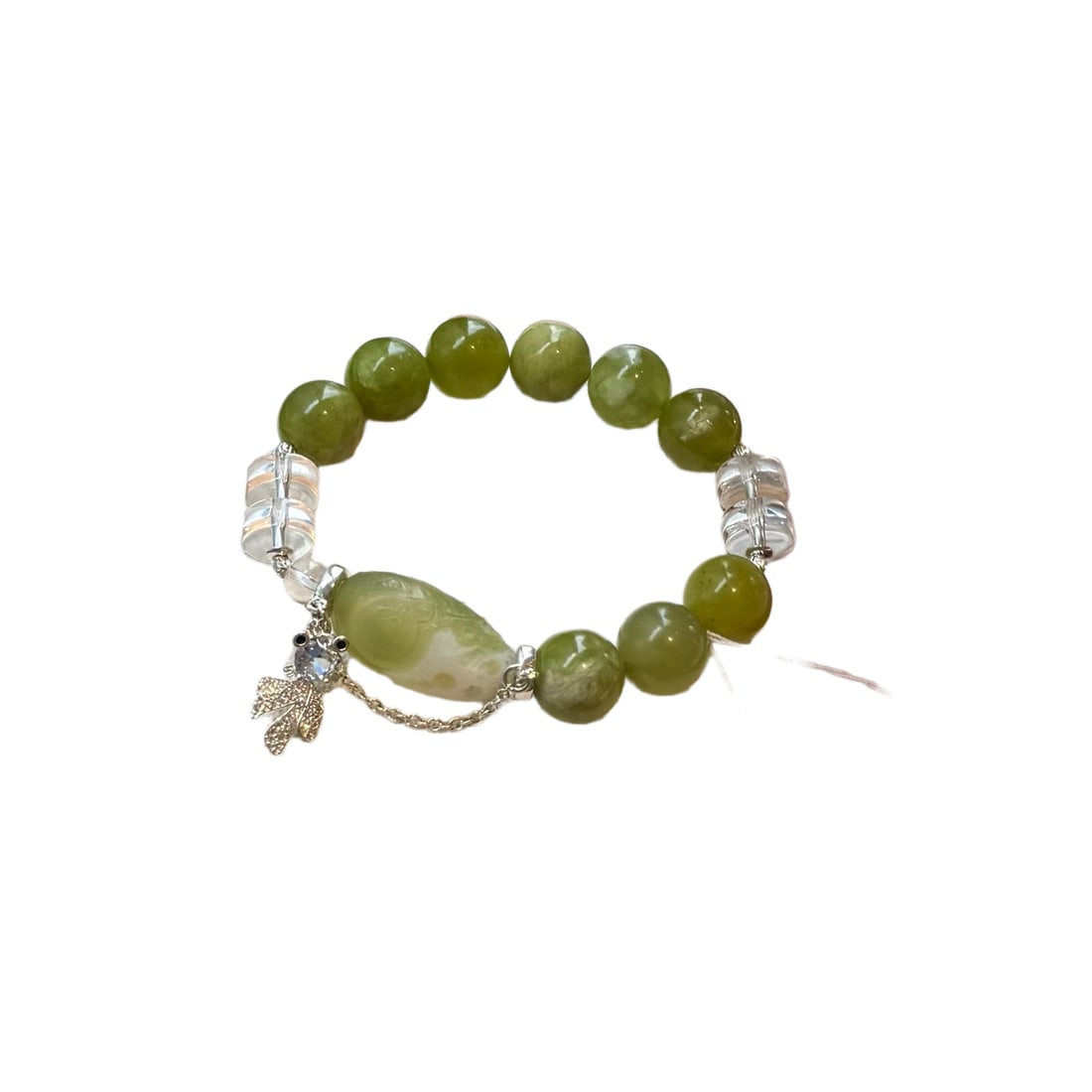 Hand Woven Xiuyan Jade & White Crystal Beads Bracelet (1 of 6)