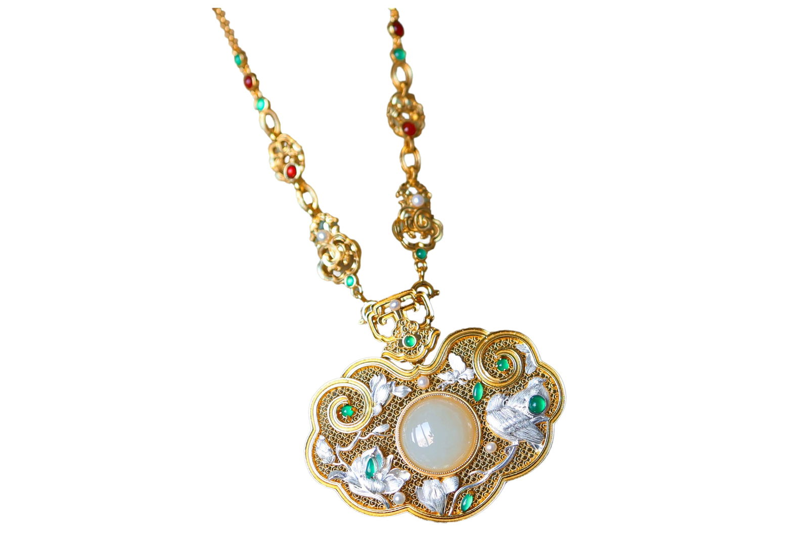 Silver Plated Gilt Gold Inlay White Hetian Jade Ruyi Pendant (1 of 9)