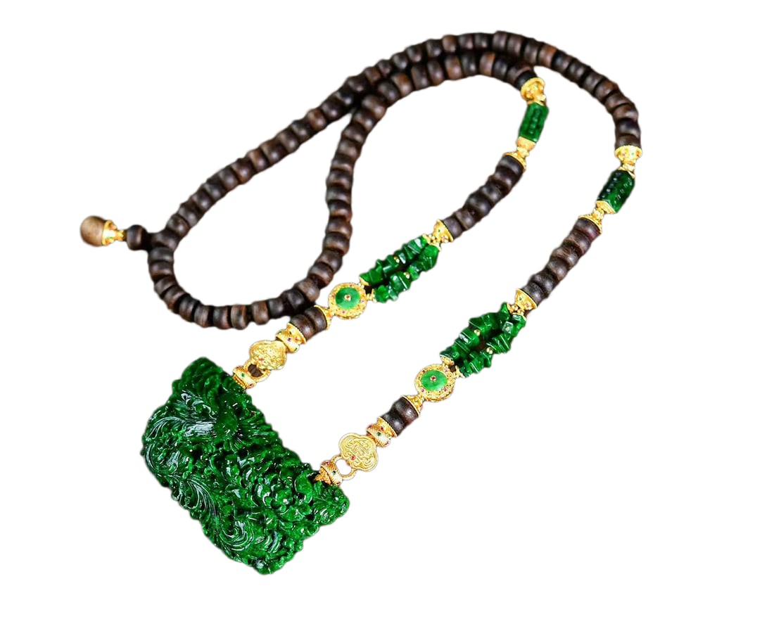 Green Jadeite Hand-Carved Pendant w Phoenix & Peony & w Hand Woven Chenxiang Wood Beads Necklace (1 of 7)
