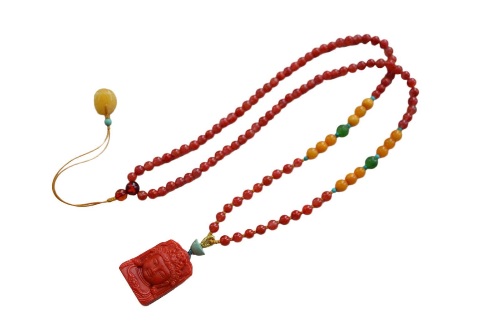 Nanhong Agate Hand-Carved Pendant w Kwan-yin & w Hand Woven Beeswax,Nanhong Agate Beads Necklace (1 of 10)