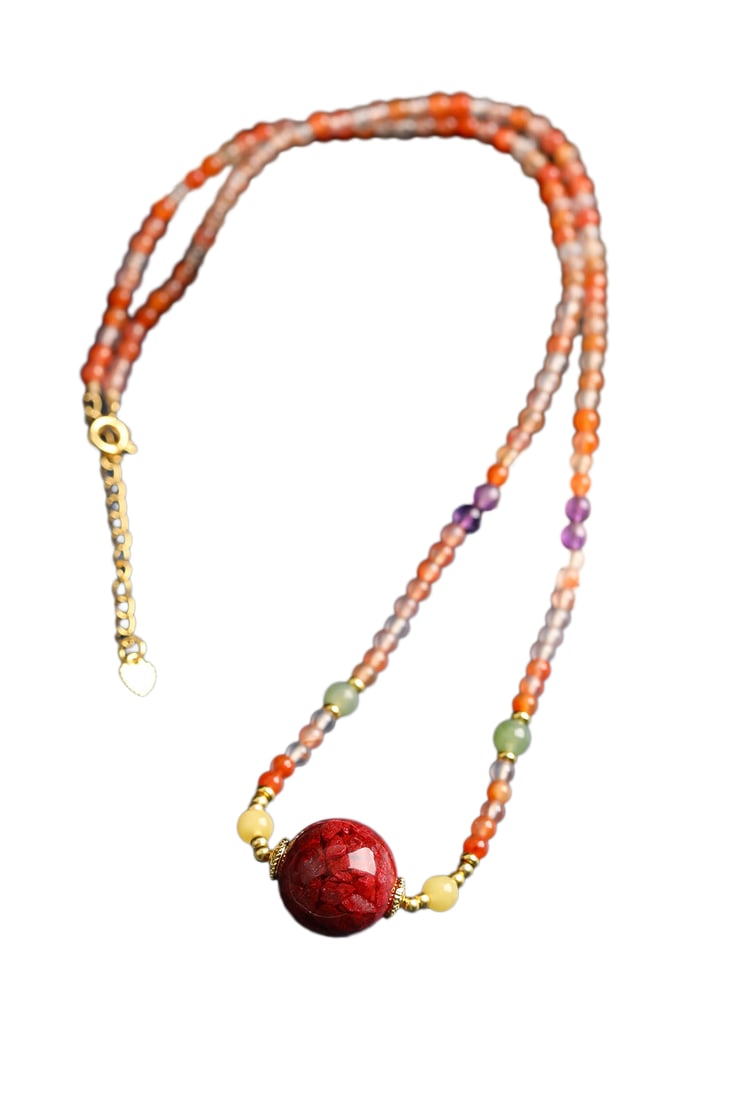 Natural Cinnabar Bead Pendant w Hand Woven Beeswax,Nanhong Agate,Jade,Amethyst Beads Necklace: Natural Cinnabar Bead Pendant w Hand Woven Beeswax,Nanhong Agate,Jade,Amethyst Beads Necklace Dimension: 16 (mm) 0.63 (inches)