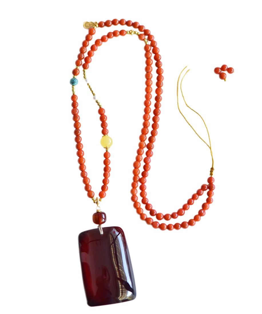 Natural Blood Amber Pendant w Hand Woven Nanhong Agate Beads Necklace (1 of 7)